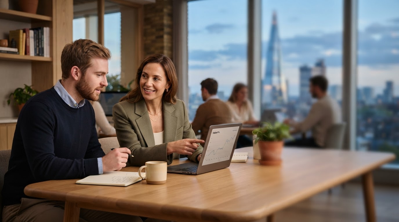 Scalable Capital data analyst reviewing AI-generated investment insights on a laptop
